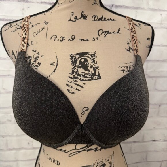 Victoria's Secret Size 38D Bra T Shirt Push Up Full Coverage‎ Black Gold Leopard - Picture 1 of 8